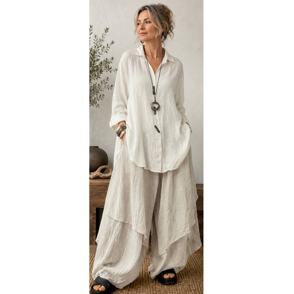 COURTNEY WASHINGTON Linen Tunic Top Shirt Oversized Lagenlook  XL Chopstick